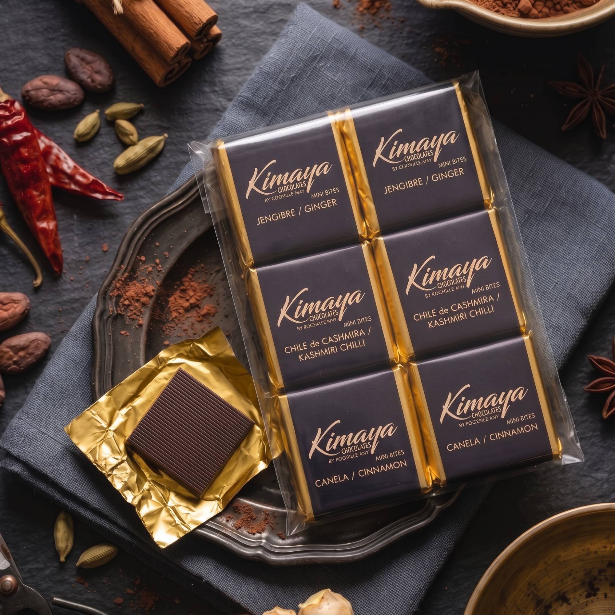 Paquete de 6 Mini Bites Kimaya de canela, chile de Cashmira y jengibre